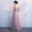 Chic / Beautiful Pearl Pink Prom Dresses 2018 A-Line / Princess Beading Crystal Lace Appliques V-Neck Backless Short Sleeve Floor-Length / Long Formal Dresses
