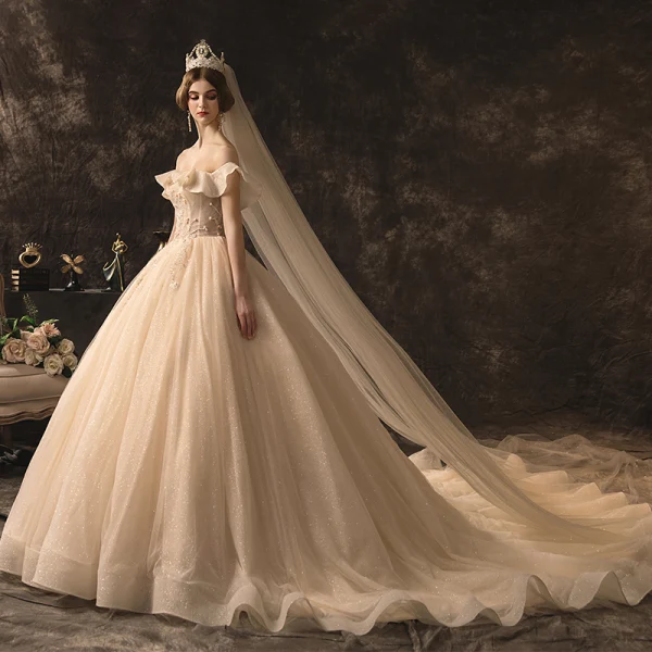 High-end Champagne Wedding Dresses 2019 A-Line / Princess Off-The-Shoulder Beading Sequins Lace Flower Sleeveless Backless Glitter Royal Train