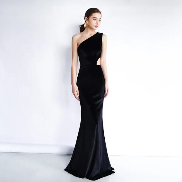 Chic / Beautiful Black Evening Dresses 2019 Trumpet / Mermaid Suede One-Shoulder Sleeveless Backless Floor-Length / Long Formal Dresses