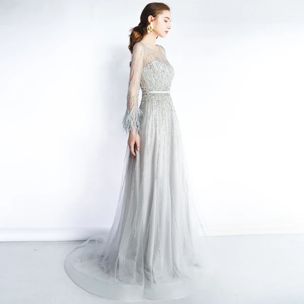 Luxury / Gorgeous Grey Evening Dresses 2019 A-Line / Princess Scoop Neck Handmade Beading Long Sleeve Tassel Sweep Train Formal Dresses