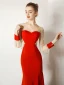 Luxury / Gorgeous Red Evening Dresses  2019 Trumpet / Mermaid Scoop Neck Lace Flower Long Sleeve Beading Tassel Sweep Train Formal Dresses