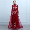 Chinese style Burgundy Evening Dresses  2019 A-Line / Princess High Neck Buttons Beading Bow Lace Flower Long Sleeve Backless Floor-Length / Long Formal Dresses