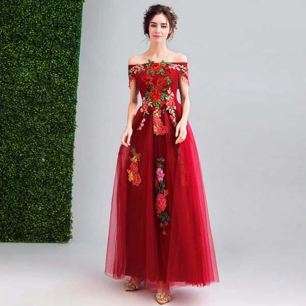 Fée Des Fleurs Rouge Robe De Bal 2019 Princesse De l'épaule Faux Diamant En Dentelle Appliques Manches Courtes Dos Nu Longue Robe De Ceremonie