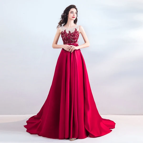 Chic / Beautiful Burgundy Evening Dresses 2019 A-Line / Princess Scoop Neck Beading Appliques Lace Flower Pearl Rhinestone Sequins Sleeveless Court Train Formal Dresses