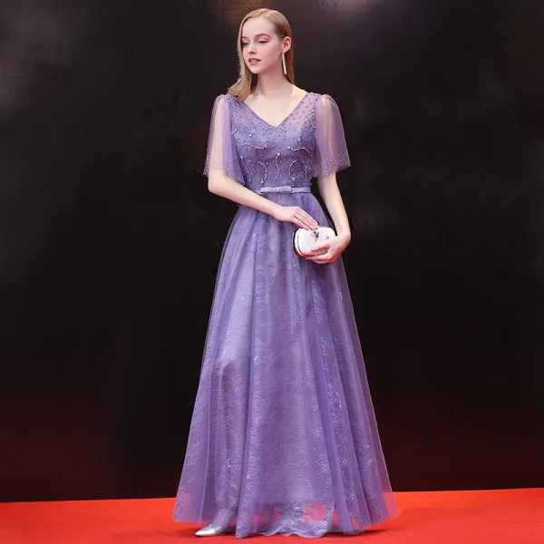 Chic / Beautiful Lilac Evening Dresses 2018 A-Line / Princess Beading Rhinestone Bow V-Neck Backless Short Sleeve Floor-Length / Long Formal Dresses