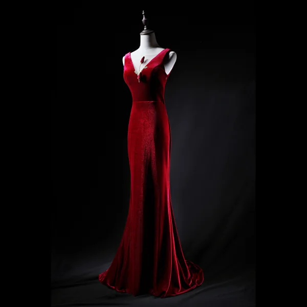 Classic Burgundy Evening Dresses 2019 Trumpet / Mermaid Suede Square Neckline Beading Sleeveless Backless Sweep Train Formal Dresses