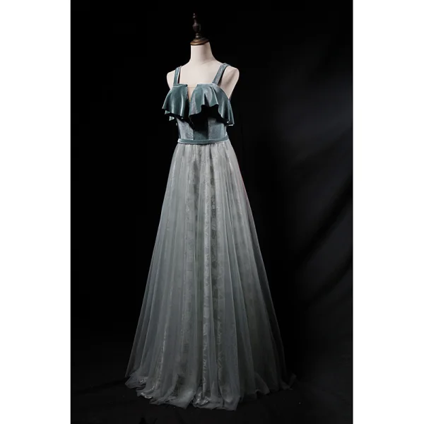 Chic / Beautiful Jade Green Evening Dresses 2019 A-Line / Princess Spaghetti Straps Suede Sleeveless Backless Floor-Length / Long Formal Dresses