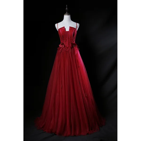 Chic / Belle Bordeaux Robe De Soirée 2019 Princesse Bretelles Spaghetti En Dentelle Fleur Paillettes Faux Diamant Sans Manches Dos Nu Longue Robe De Ceremonie