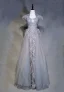 Haut de Gamme Gris Robe De Soirée 2019 Princesse U-Cou Fait main Perlage Cristal En Dentelle Fleur Sans Manches Plumes Train De Balayage Robe De Ceremonie