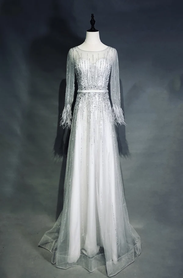 Haut de Gamme Champagne Robe De Soirée 2019 Princesse Encolure Dégagée Fait main Perlage Faux Diamant Ceinture Manches Longues Plumes Longue Robe De Ceremonie