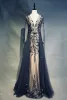 High-end Navy Blue Evening Dresses  2019 A-Line / Princess V-Neck Handmade  Beading Crystal Rhinestone Long Sleeve Sweep Train Formal Dresses