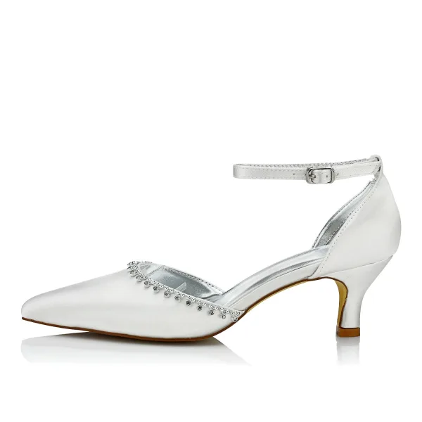 Enkla Elfenben Satin Brudskor 2021 Rhinestone Ankelband 5 cm Stilettklackar Spetsiga Bröllop Sandaler Högklackade