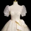 Elegant Champagne Printing Prom Dresses 2025 Ball Gown Square Neckline Bow Puffy Short Sleeve Backless Floor-Length / Long Prom Formal Dresses