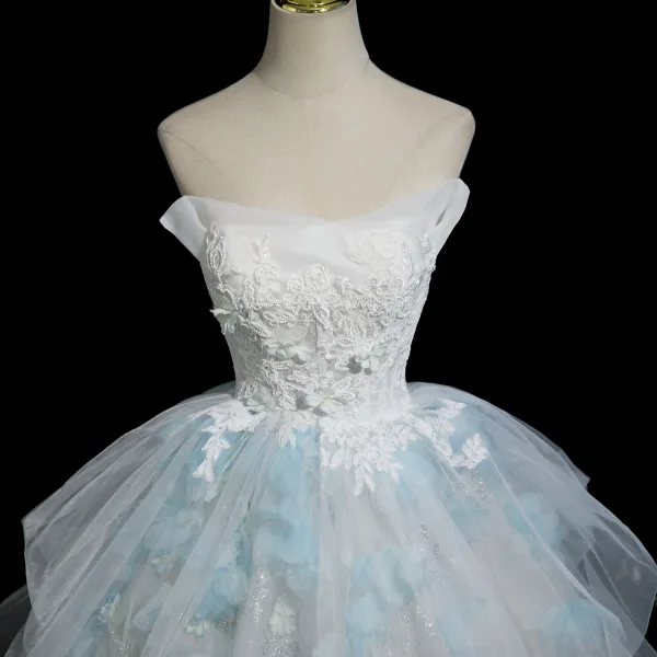 Chic / Beautiful Sky Blue Glitter Lace Flower Appliques Prom Dresses 2025 Ball Gown Strapless Sleeveless Backless Floor-Length / Long Formal Dresses