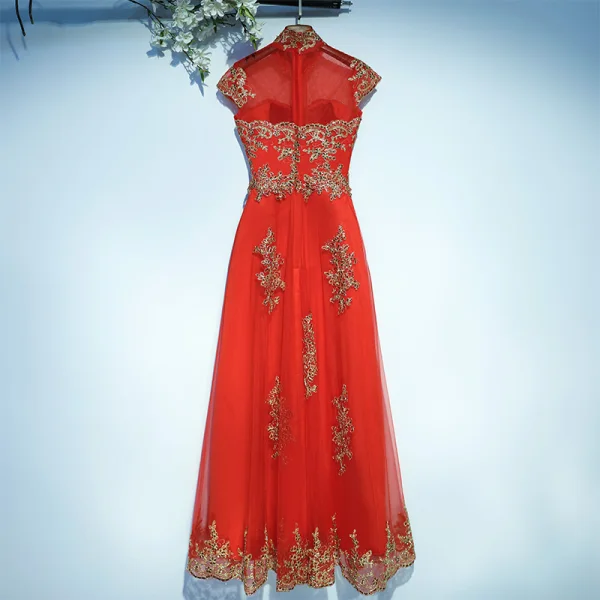 Chic / Beautiful Red Formal Dresses Evening Dresses 2017 Lace Flower Sequins Short Sleeve High Neck Floor-Length / Long A-Line / Princess