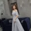 Charming Grey Evening Dresses  2019 A-Line / Princess Off-The-Shoulder Beading Pearl Rhinestone Lace Flower Short Sleeve Backless Floor-Length / Long Formal Dresses