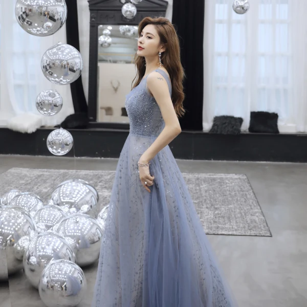 Modern / Fashion Ocean Blue Evening Dresses 2019 A-Line / Princess Scoop Neck Beading Sequins Lace Flower Sleeveless Backless Floor-Length / Long Formal Dresses