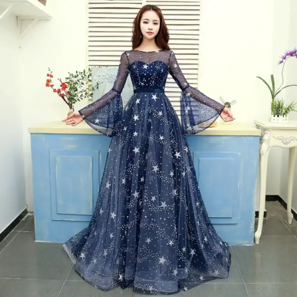 Modern / Fashion Navy Blue Evening Dresses 2019 A-Line / Princess Scoop Neck Star Sequins Bell sleeves Backless Court Train Formal Dresses