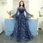 Modern / Fashion Navy Blue Evening Dresses  2019 A-Line / Princess Scoop Neck Star Sequins Bell sleeves Backless Court Train Formal Dresses