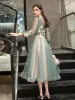Chic / Beautiful Sage Green Evening Dresses  2019 A-Line / Princess Scoop Neck Lace Flower Appliques Long Sleeve Backless Tea-length Formal Dresses