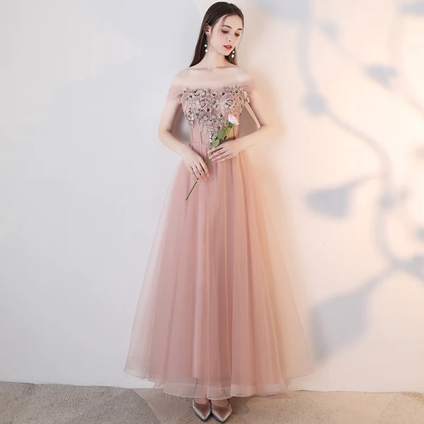 Chic / Beautiful Nude Prom Dresses 2018 A-Line / Princess Lace Appliques Pearl Rhinestone Off-The-Shoulder Backless Sleeveless Ankle Length Formal Dresses