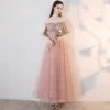 Chic / Beautiful Nude Prom Dresses 2018 A-Line / Princess Lace Appliques Pearl Rhinestone Off-The-Shoulder Backless Sleeveless Ankle Length Formal Dresses