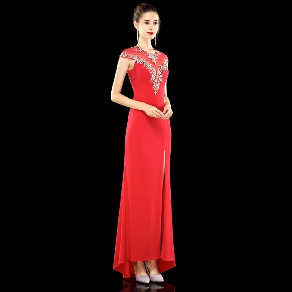 Classy Red Evening Dresses 2019 A-Line / Princess Scoop Neck Rhinestone Lace Flower Cap Sleeves Split Front Floor-Length / Long Formal Dresses