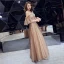 Chic / Beautiful Champagne Evening Dresses  2019 A-Line / Princess Off-The-Shoulder Beading Lace Flower Short Sleeve Backless Floor-Length / Long Formal Dresses