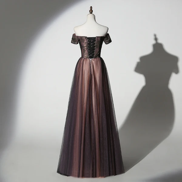 Chic / Belle Chocolat Robe De Soirée 2019 Princesse De l'épaule Perlage En Dentelle Paillettes Manches Courtes Dos Nu Longue Robe De Ceremonie