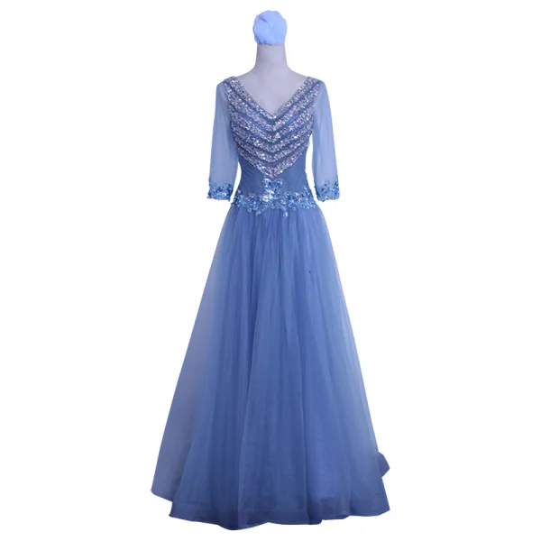 Chic / Belle Bleu Robe De Soirée 2019 Princesse V-Cou Perlage Paillettes En Dentelle Fleur 3/4 Manches Dos Nu Noeud Longue Robe De Ceremonie