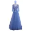 Chic / Belle Bleu Robe De Soirée 2019 Princesse V-Cou Perlage Paillettes En Dentelle Fleur 3/4 Manches Dos Nu Noeud Longue Robe De Ceremonie