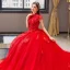Chic / Belle Rouge Robe De Mariée 2019 Princesse Col Haut Perlage Cristal En Dentelle Fleur Manches Courtes Dos Nu Cathedral Train