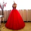 Chinese style Transparent Red Prom Dresses 2019 A-Line / Princess High Neck Beading Sequins Crystal Lace Appliques Sleeveless Floor-Length / Long Formal Dresses