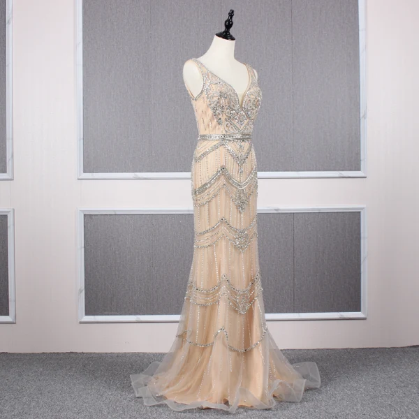Haut de Gamme Champagne Détachable Avec Châle Robe De Soirée 2019 Trompette / Sirène V-Cou Fait main Perlage Cristal Faux Diamant Sans Manches Dos Nu Train De Balayage Robe De Ceremonie