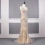 Haut de Gamme Champagne Détachable Avec Châle Robe De Soirée 2019 Trompette / Sirène V-Cou Fait main Perlage Cristal Faux Diamant Sans Manches Dos Nu Train De Balayage Robe De Ceremonie