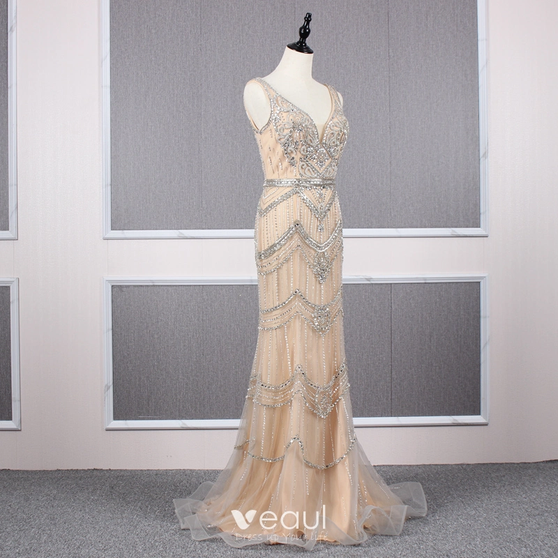 Champagne V Neck Trumpet Mermaid Beading Bling Bling Prom Formal Dress Champagne V Neck Trumpet Mermaid Beading Bling Bling Prom Formal Dress