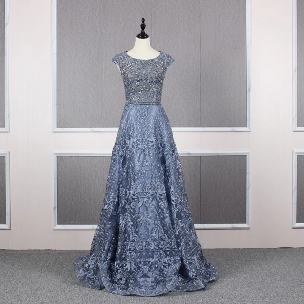 Haut de Gamme Océan Bleu Robe De Soirée 2019 Princesse Encolure Dégagée Fait main Perlage Cristal Faux Diamant En Dentelle Fleur Sans Manches Longue Robe De Ceremonie