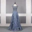 Haut de Gamme Océan Bleu Robe De Soirée 2019 Princesse Encolure Dégagée Fait main Perlage Cristal Faux Diamant En Dentelle Fleur Sans Manches Longue Robe De Ceremonie