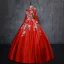 Chinese style Vintage / Retro Red Quinceañera Prom Dresses 2019 Ball Gown High Neck Pearl Lace Flower Long Sleeve Backless Floor-Length / Long Formal Dresses