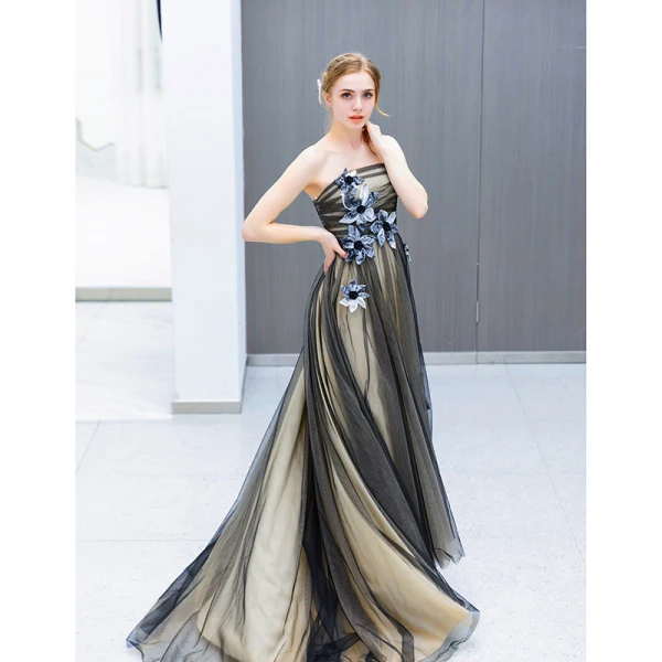 Chic / Beautiful Black Evening Dresses 2019 A-Line / Princess Strapless Beading Appliques Sleeveless Backless Floor-Length / Long Formal Dresses