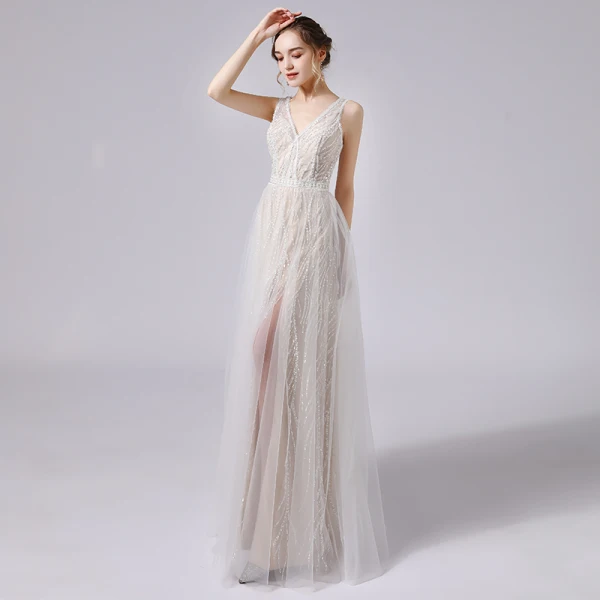 Charmant Ivory / Creme Brautkleider / Hochzeitskleider 2021 A Linie Tiefer V-Ausschnitt Perlenstickerei Pailletten Ärmellos Rückenfreies Lange Hochzeit