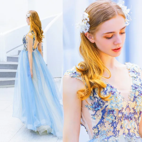 Modern / Fashion Sky Blue Evening Dresses 2019 A-Line / Princess V-Neck Beading Pearl Rhinestone Lace Flower Sleeveless Backless Sweep Train Formal Dresses