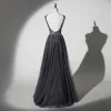 Sparkly Grey Black Evening Dresses  2019 A-Line / Princess V-Neck Handmade  Beading Sequins Sleeveless Backless Floor-Length / Long Formal Dresses