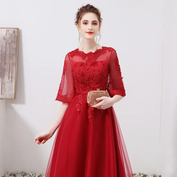 Chic / Beautiful Burgundy Evening Dresses 2019 A-Line / Princess Scoop Neck Appliques Lace Sash 1/2 Sleeves Floor-Length / Long Formal Dresses