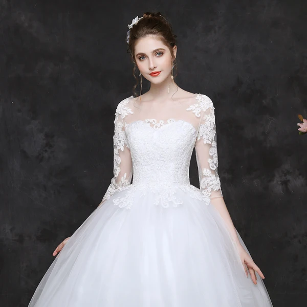 Classy White Pregnant Wedding Dresses 2019 Ball Gown Scoop Neck Appliques Lace 1/2 Sleeves Backless Floor-Length / Long