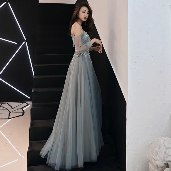 Elegant Grey Evening Dresses 2019 A-Line / Princess Spaghetti Straps Bow Lace Flower Appliques 3/4 Sleeve Backless Floor-Length / Long Formal Dresses