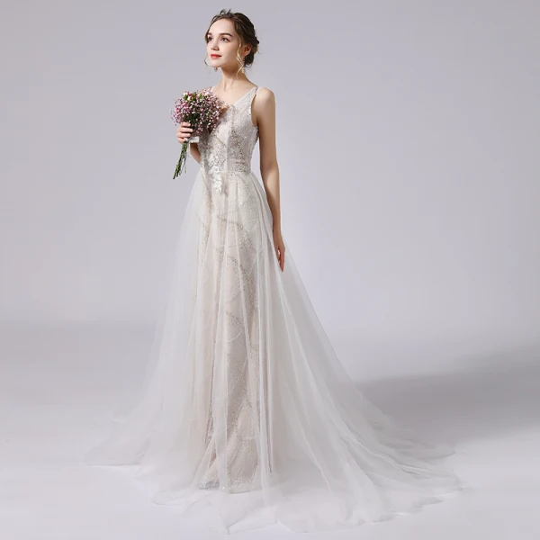Modern / Fashion Ivory Wedding Dresses 2021 A-Line / Princess Beading Pearl Sequins Lace Flower Deep V-Neck Sleeveless Backless Sweep Train Wedding