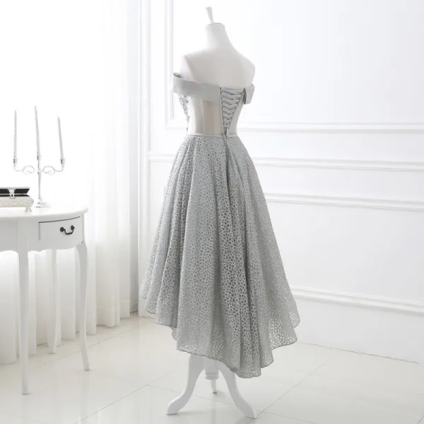 Schöne Grau Glanz Abendkleider 2018 A Linie Pailletten Off Shoulder Rückenfreies Ärmellos Asymmetrisch Festliche Kleider