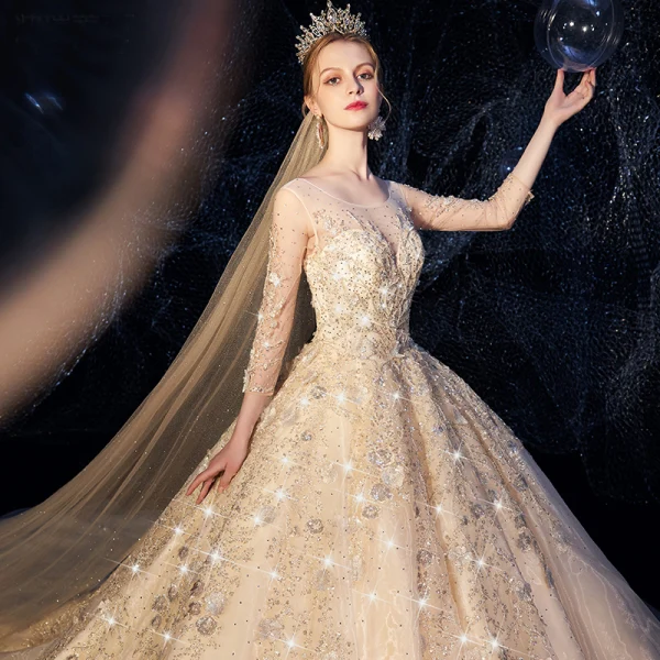 High-end Champagne Wedding Dresses 2019 A-Line / Princess Scoop Neck Beading Appliques Lace Flower Rhinestone 3/4 Sleeve Backless Glitter Royal Train