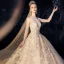 High-end Champagne Wedding Dresses 2019 A-Line / Princess Scoop Neck Beading Appliques Lace Flower Rhinestone 3/4 Sleeve Backless Glitter Royal Train